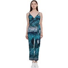 Tsunami Waves Ocean Sea Water Rough Seas 6 V-neck Spaghetti Strap Tie Front Jumpsuit