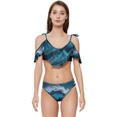 Tsunami Waves Ocean Sea Water Rough Seas 6 Ruffle Edge Tie Up Bikini Set	