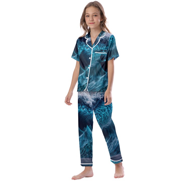 Tsunami Waves Ocean Sea Water Rough Seas 6 Kids  Satin Short Sleeve Pajamas Set