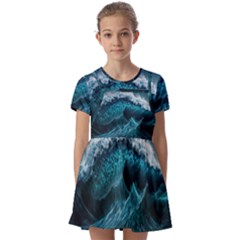 Tsunami Waves Ocean Sea Water Rough Seas 6 Kids  Short Sleeve Pinafore Style Dress