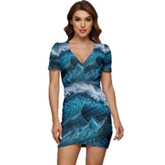 Tsunami Waves Ocean Sea Water Rough Seas 6 Low Cut Cap Sleeve Mini Dress