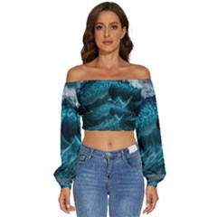 Tsunami Waves Ocean Sea Water Rough Seas 6 Long Sleeve Crinkled Weave Crop Top