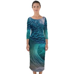 Tsunami Waves Ocean Sea Water Rough Seas 2 Quarter Sleeve Midi Bodycon Dress by Ravend