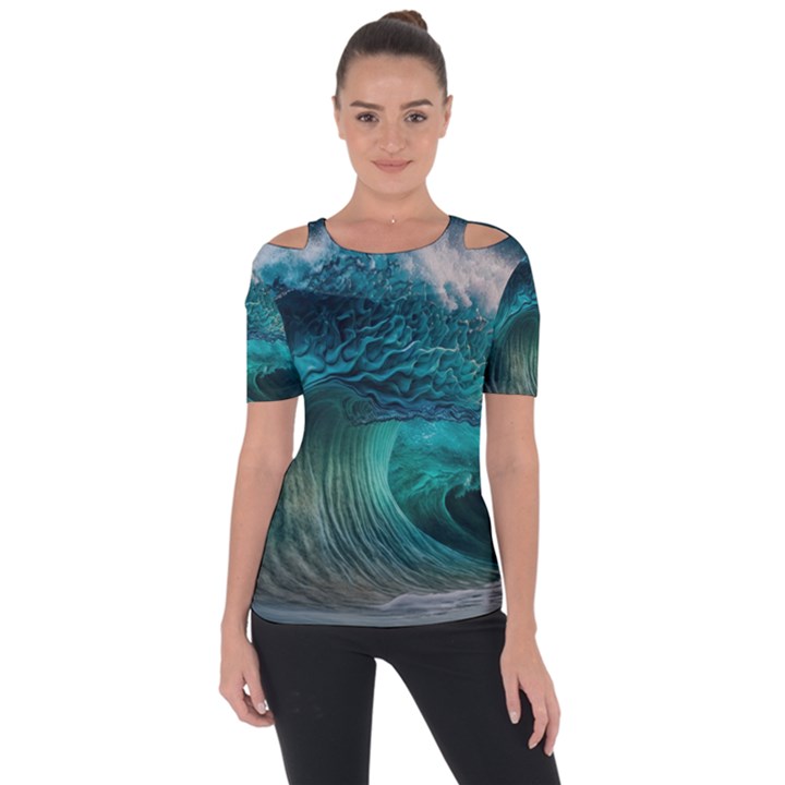 Tsunami Waves Ocean Sea Water Rough Seas 2 Shoulder Cut Out Short Sleeve Top