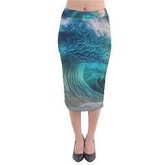 Tsunami Waves Ocean Sea Water Rough Seas 2 Velvet Midi Pencil Skirt by Ravend