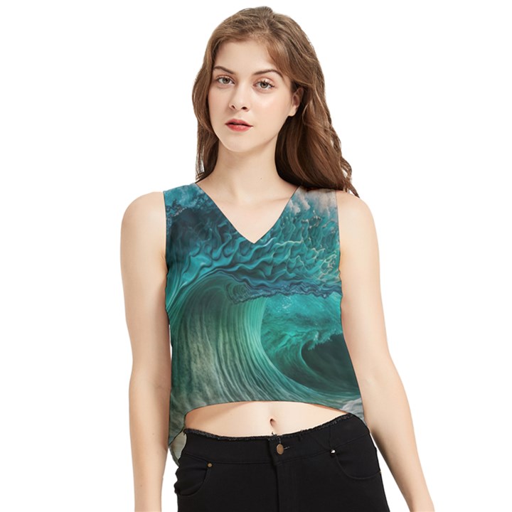 Tsunami Waves Ocean Sea Water Rough Seas 2 V-Neck Cropped Tank Top