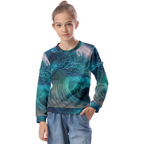 Tsunami Waves Ocean Sea Water Rough Seas 2 Kids  Long Sleeve Tee With Frill  by Ravend