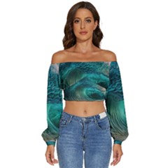 Tsunami Waves Ocean Sea Water Rough Seas 2 Long Sleeve Crinkled Weave Crop Top