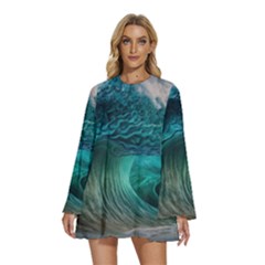 Tsunami Waves Ocean Sea Water Rough Seas 2 Round Neck Long Sleeve Bohemian Style Chiffon Mini Dress