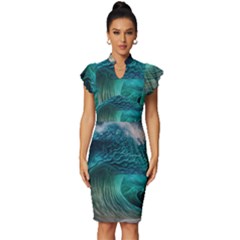 Tsunami Waves Ocean Sea Water Rough Seas 2 Vintage Frill Sleeve V-neck Bodycon Dress