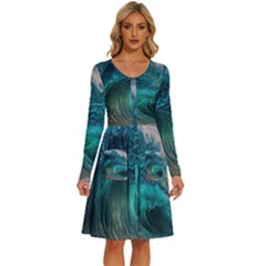 Tsunami Waves Ocean Sea Water Rough Seas 2 Long Sleeve Dress With Pocket