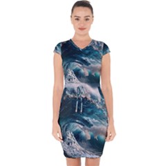 Tsunami Waves Ocean Sea Water Rough Seas 5 Capsleeve Drawstring Dress  by Ravend