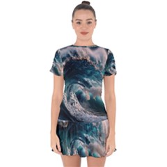 Tsunami Waves Ocean Sea Water Rough Seas 5 Drop Hem Mini Chiffon Dress by Ravend