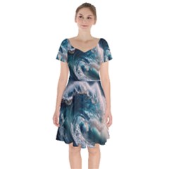 Tsunami Waves Ocean Sea Water Rough Seas 5 Short Sleeve Bardot Dress by Ravend