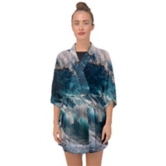 Tsunami Waves Ocean Sea Water Rough Seas 5 Half Sleeve Chiffon Kimono by Ravend