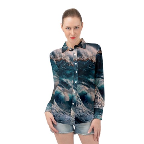 Tsunami Waves Ocean Sea Water Rough Seas 5 Long Sleeve Chiffon Shirt by Ravend