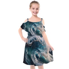 Tsunami Waves Ocean Sea Water Rough Seas 5 Kids  Cut Out Shoulders Chiffon Dress by Ravend