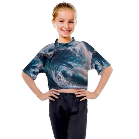 Tsunami Waves Ocean Sea Water Rough Seas 5 Kids Mock Neck Tee by Ravend