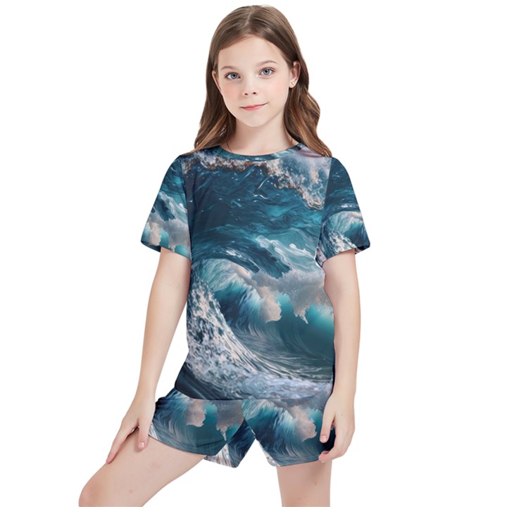 Tsunami Waves Ocean Sea Water Rough Seas 5 Kids  Tee And Sports Shorts Set