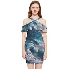 Tsunami Waves Ocean Sea Water Rough Seas 5 Shoulder Frill Bodycon Summer Dress by Ravend