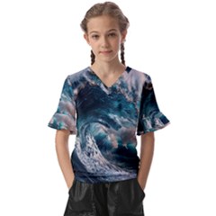 Tsunami Waves Ocean Sea Water Rough Seas 5 Kids  V-neck Horn Sleeve Blouse by Ravend