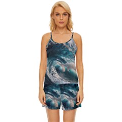 Tsunami Waves Ocean Sea Water Rough Seas 5 Satin Pajama Short Set by Ravend