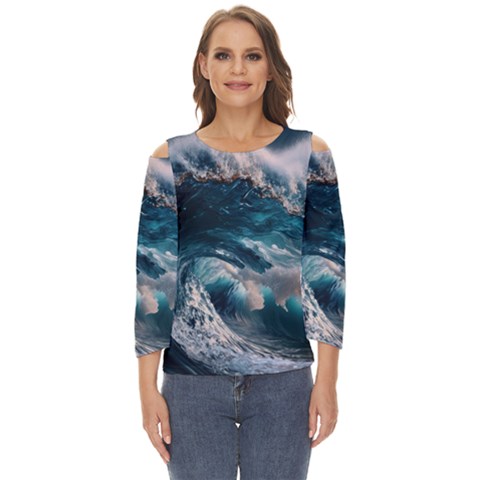 Tsunami Waves Ocean Sea Water Rough Seas 5 Cut Out Wide Sleeve Top by Ravend