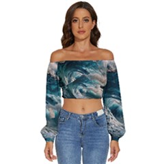 Tsunami Waves Ocean Sea Water Rough Seas 5 Long Sleeve Crinkled Weave Crop Top