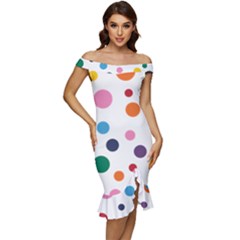 Polka Dot Off Shoulder Ruffle Split Hem Bodycon Dress