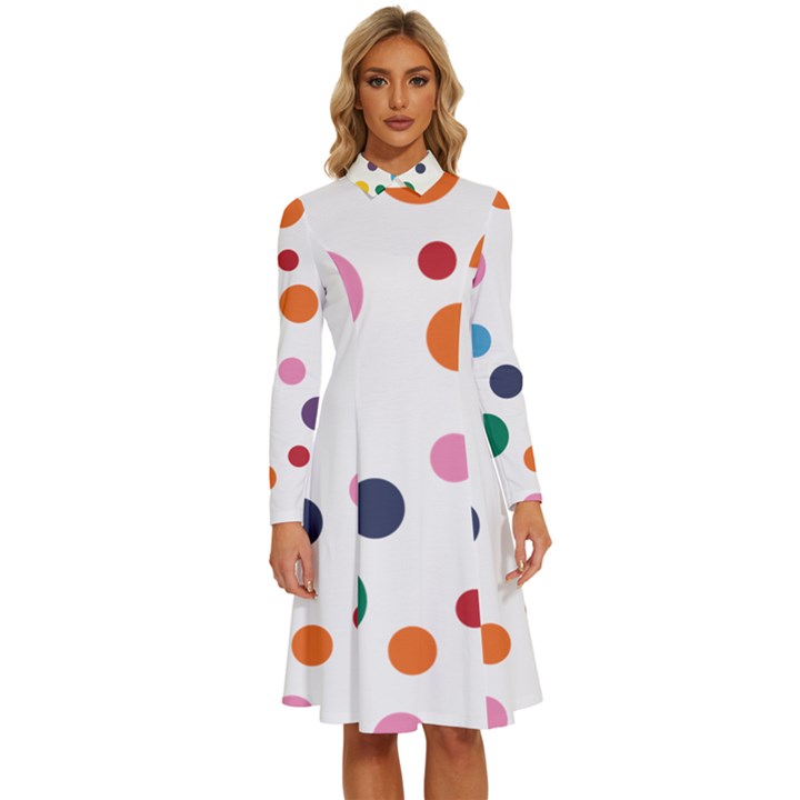 Polka Dot Long Sleeve Shirt Collar A-Line Dress