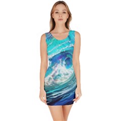 Tsunami Waves Ocean Sea Nautical Nature Water Painting Bodycon Dress by Ravend