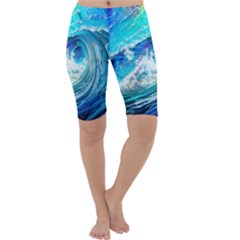 Tsunami Waves Ocean Sea Nautical Nature Water Painting Cropped Leggings  by Ravend