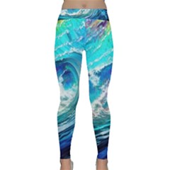 Tsunami Waves Ocean Sea Nautical Nature Water Painting Classic Yoga Leggings by Ravend