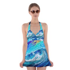 Tsunami Waves Ocean Sea Nautical Nature Water Painting Halter Dress Swimsuit  by Ravend