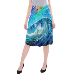 Tsunami Waves Ocean Sea Nautical Nature Water Painting Midi Beach Skirt by Ravend