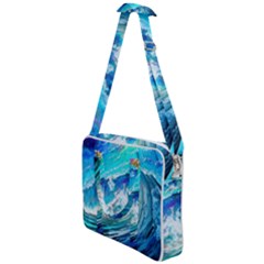 Tsunami Waves Ocean Sea Nautical Nature Water Painting Cross Body Office Bag by Ravend