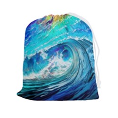 Tsunami Waves Ocean Sea Nautical Nature Water Painting Drawstring Pouch (2xl) by Ravend