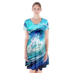 Tsunami Waves Ocean Sea Nautical Nature Water Painting Short Sleeve V-neck Flare Dress by Ravend