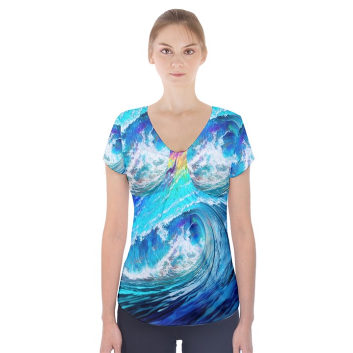 Tsunami Waves Ocean Sea Nautical Nature Water Painting Short Sleeve Front Detail Top