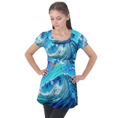 Tsunami Waves Ocean Sea Nautical Nature Water Painting Puff Sleeve Tunic Top by Ravend