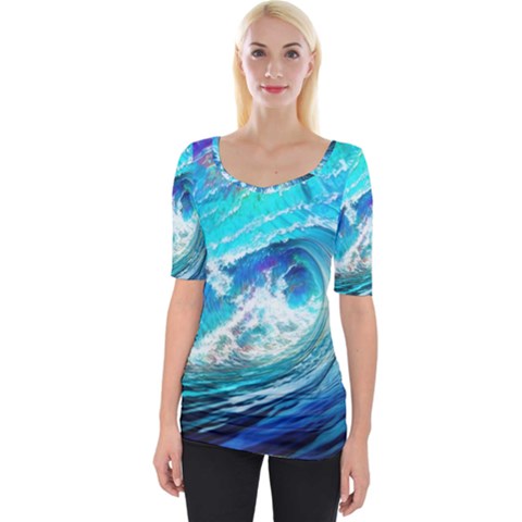 Tsunami Waves Ocean Sea Nautical Nature Water Painting Wide Neckline Tee by Ravend