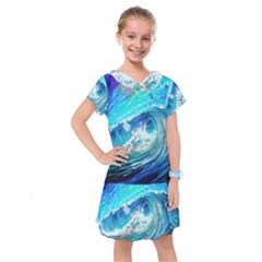 Tsunami Waves Ocean Sea Nautical Nature Water Painting Kids  Drop Waist Dress by Ravend