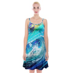 Tsunami Waves Ocean Sea Nautical Nature Water Painting Spaghetti Strap Velvet Dress by Ravend