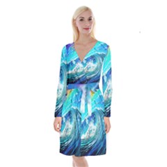 Tsunami Waves Ocean Sea Nautical Nature Water Painting Long Sleeve Velvet Front Wrap Dress by Ravend