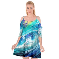 Tsunami Waves Ocean Sea Nautical Nature Water Painting Cutout Spaghetti Strap Chiffon Dress by Ravend