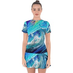 Tsunami Waves Ocean Sea Nautical Nature Water Painting Drop Hem Mini Chiffon Dress by Ravend