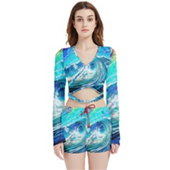 Tsunami Waves Ocean Sea Nautical Nature Water Painting Velvet Wrap Crop Top And Shorts Set by Ravend