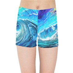 Tsunami Waves Ocean Sea Nautical Nature Water Painting Kids  Sports Shorts by Ravend