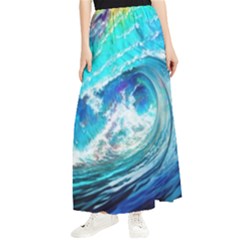 Tsunami Waves Ocean Sea Nautical Nature Water Painting Maxi Chiffon Skirt by Ravend