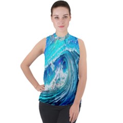 Tsunami Waves Ocean Sea Nautical Nature Water Painting Mock Neck Chiffon Sleeveless Top